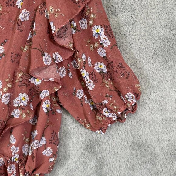 Entro Top Ladies Blue w/ Metallic Gold Leopard 3/4 Sleeves Ruffled - Picture 5 of 9